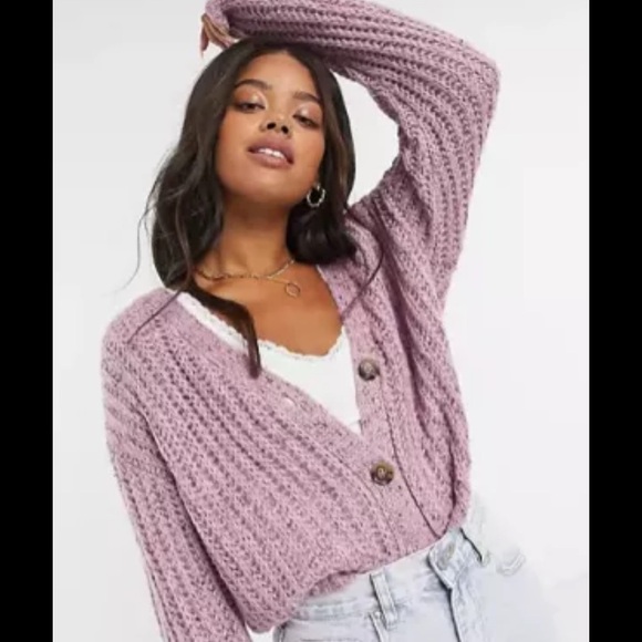 Cotton On medium purple chunky cropped cardigan multi yarn cable knit - Picture 1 of 7